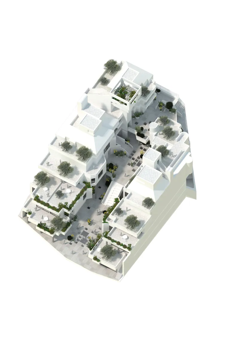 Axonometric drawing of a residential complex with courtyards, terraces, and planted trees throughout white-rendered volumes