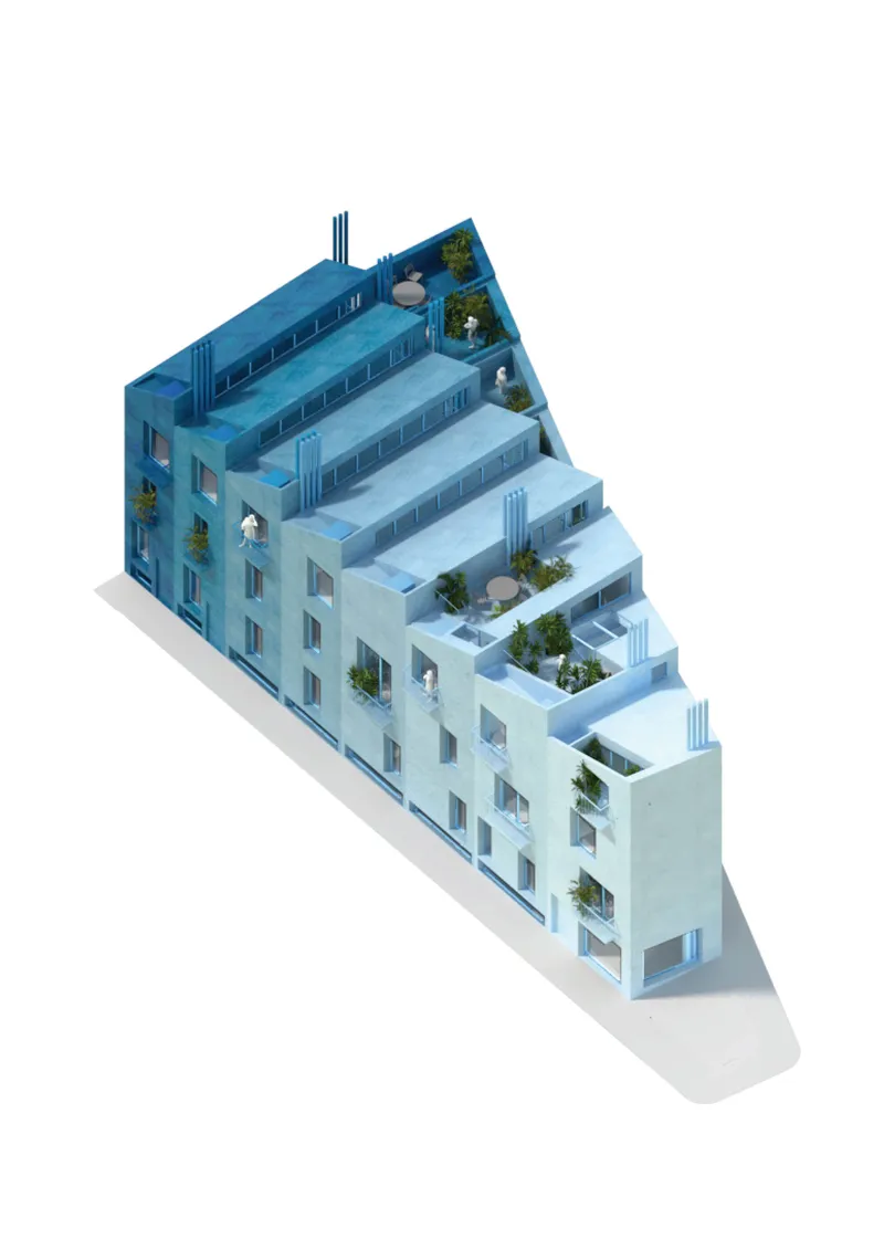 Isometric rendering of a blue-painted stepped residential building with planted roof terraces and balconies