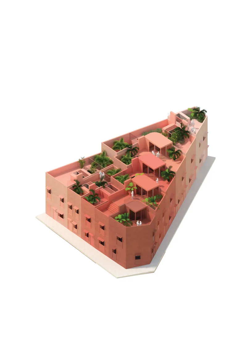Isometric model of a terracotta-toned housing block with courtyard gardens and planted terraces between units