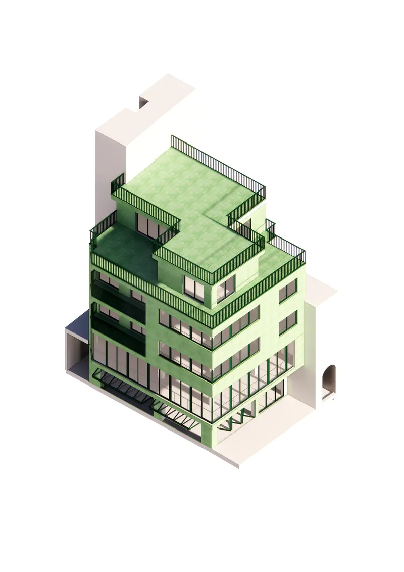 Isometric view of a green-facade building with metal railings, roof terrace, and ground-floor commercial glazing