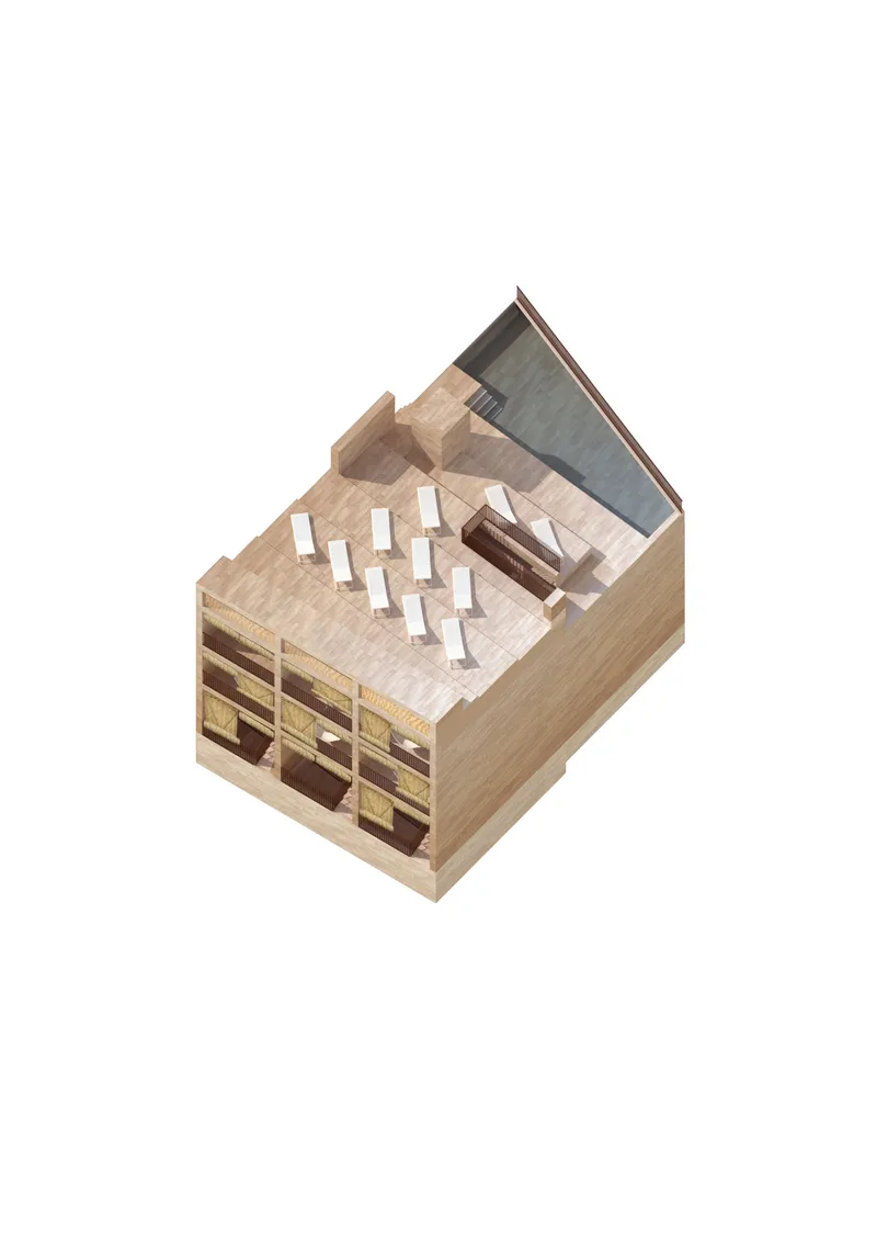 Axonometric drawing revealing timber-clad volumes with rooftop terrace and angular pitched roof element