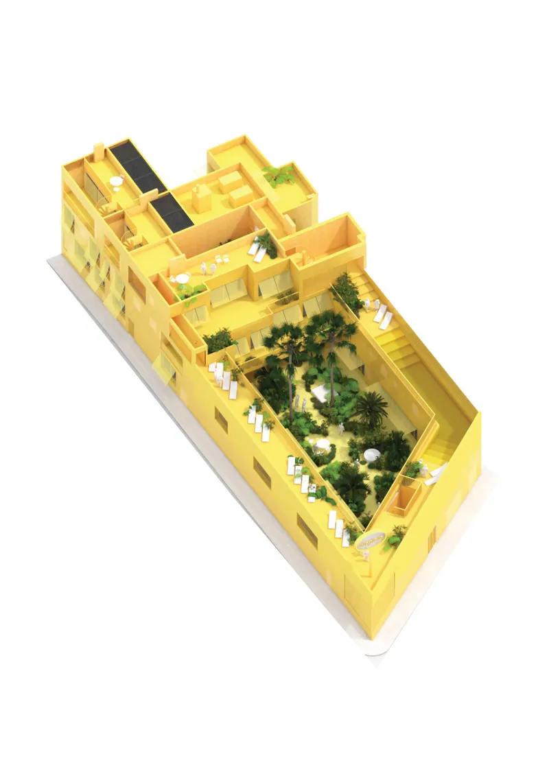 Axonometric rendering of yellow residential block with planted central courtyard and terraced units