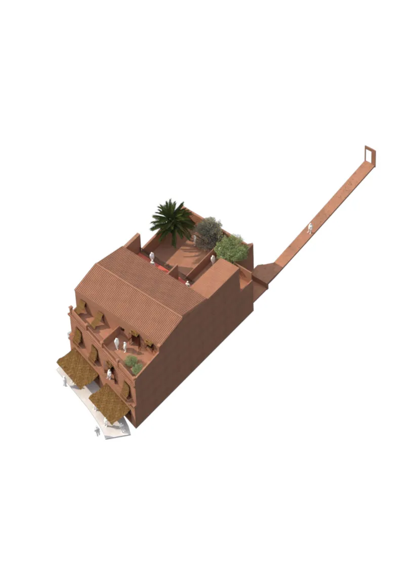 Aerial axonometric showing terracotta-colored housing block with rooftop gardens and pedestrian ramp extension