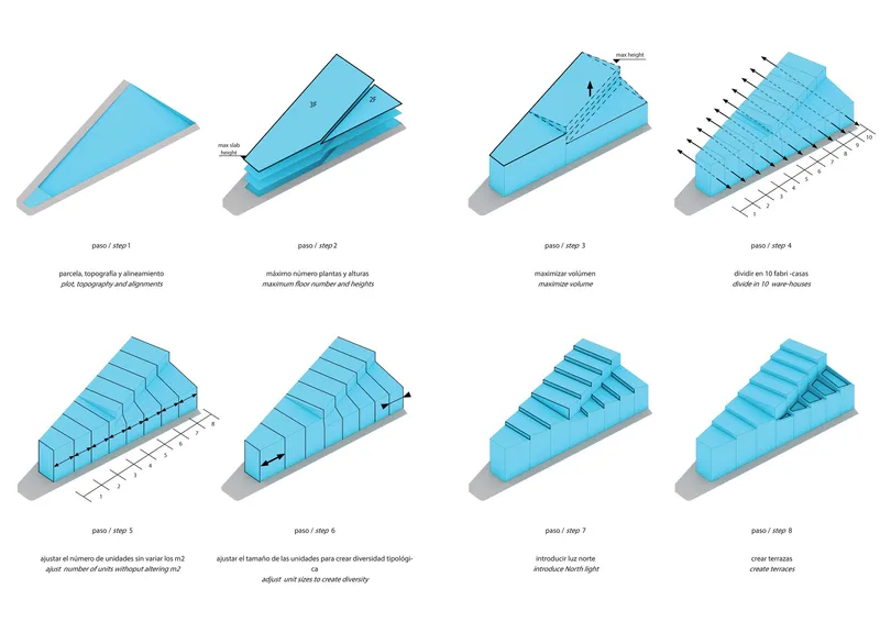 Axonometric diagrams showing eight sequential steps of structural assembly for a wedge-shaped volume