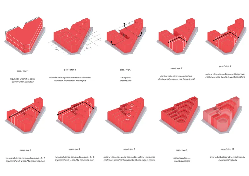Axonometric diagrams illustrating ten design development stages of a curved residential volume in red