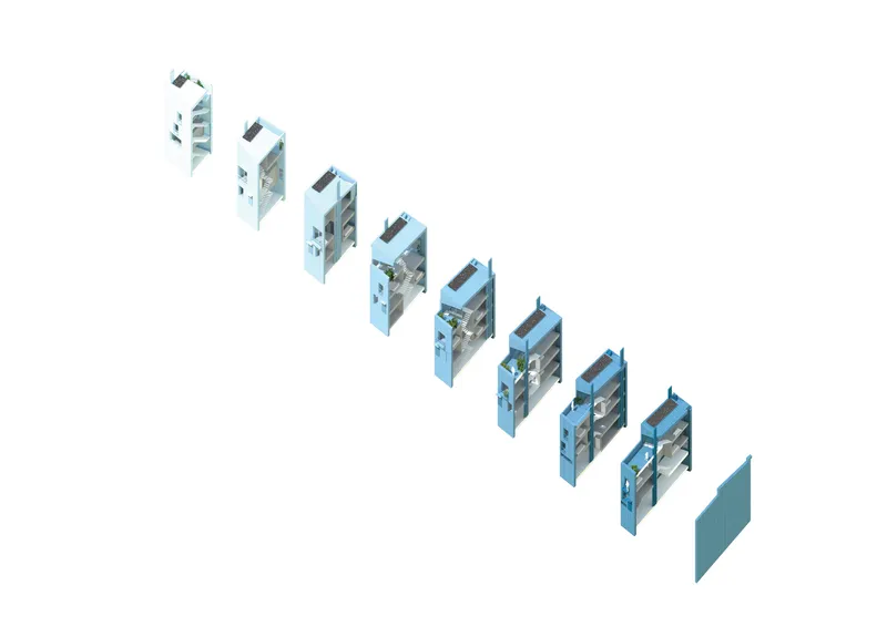 Exploded isometric drawing showing nine repeating housing units with balconies and planted terraces