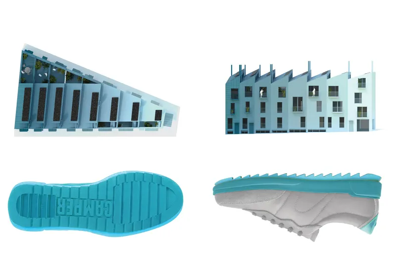 Elevation and section drawings of the sawtooth facade alongside sole and section details