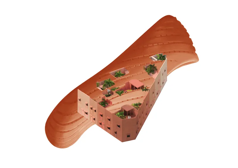 Axonometric cutaway rendering revealing interior courtyards with trees in a terracotta-colored stepped building
