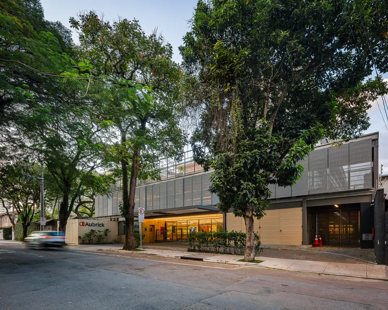 Corner view of the translucent facade framed by mature street trees with a vehicle passing at twilight