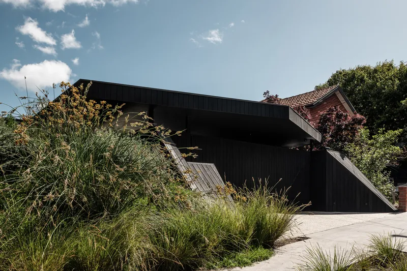 Side view of the angled timber-clad volume with tall grasses in the foreground under blue sky