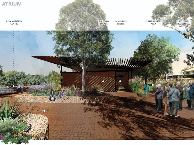 Timber-clad atrium entrance designed as a welcoming ecological interface between visitors, rehabilitation zones, and native vegetation.