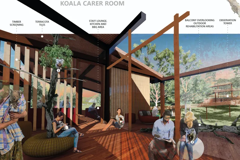 Koala carer room blending rehabilitation, staff interaction, and restorative timber interiors within a nature-focused architectural environment.