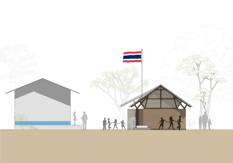 Section drawing showing gabled roof structure with exposed timber framing and silhouetted figures