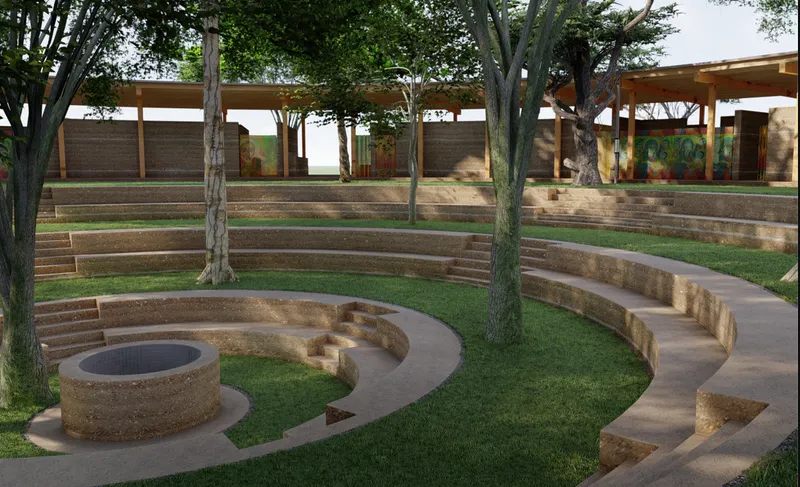 Circular amphitheater centered around water, creating a communal space for reflection and gathering.