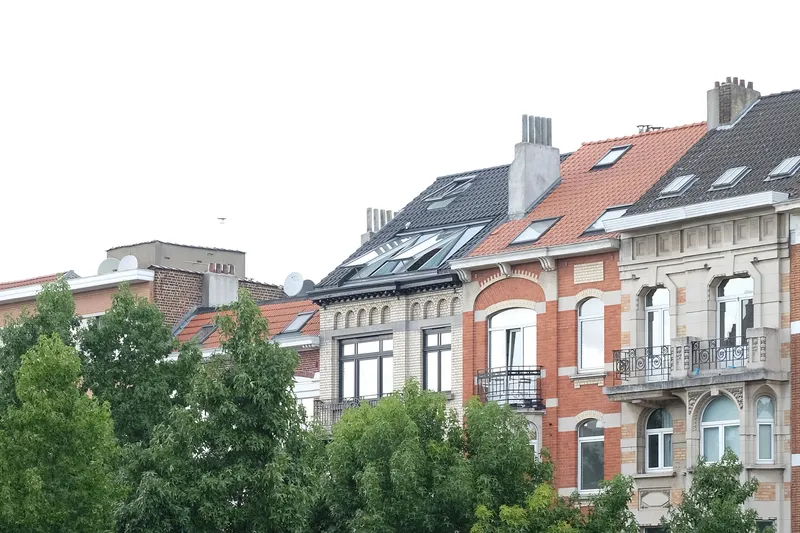 Row of brick and stucco facades with dormer windows and rooftop skylights above a line of trees