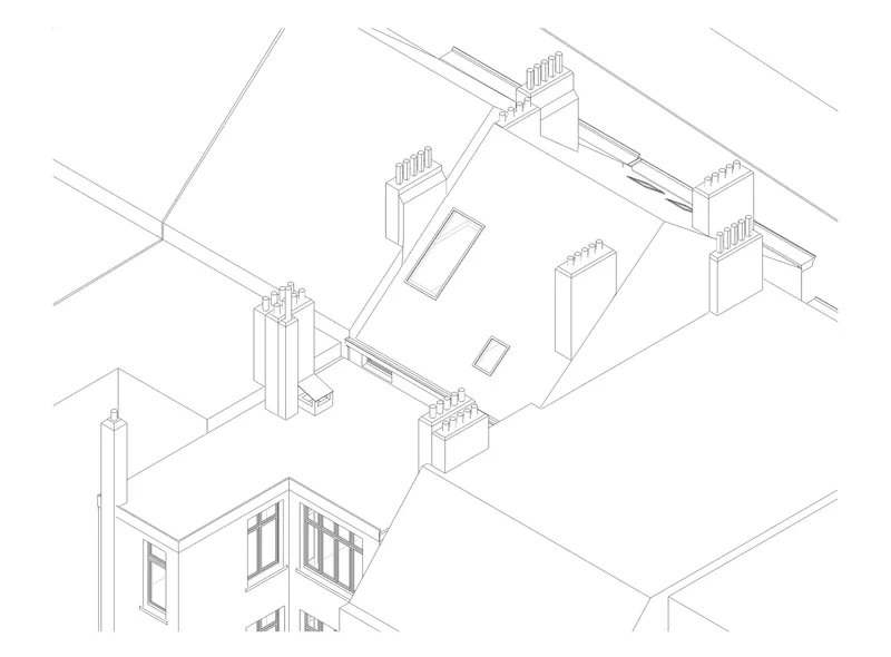 Axonometric drawing showing rooftop volume with chimney stacks and glazed openings