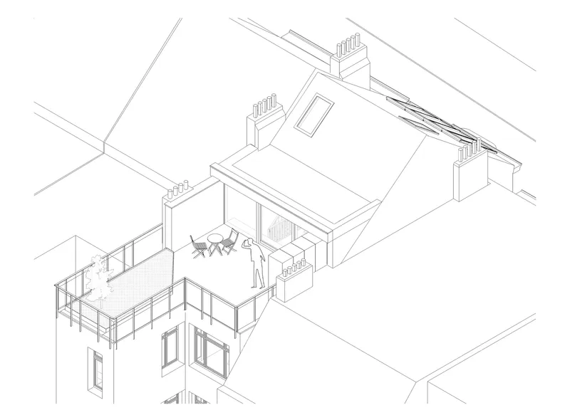 Axonometric drawing showing rooftop terrace with outdoor furniture and steel railing