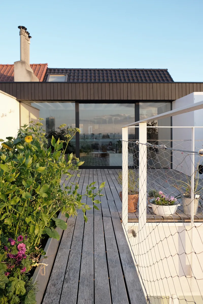 Rooftop deck with timber planks leading to glazed pavilion and white mesh safety netting