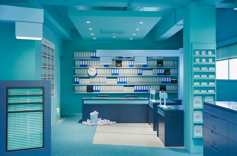 Office interior with turquoise walls, navy service counters, and filing binders on shelves under recessed lighting