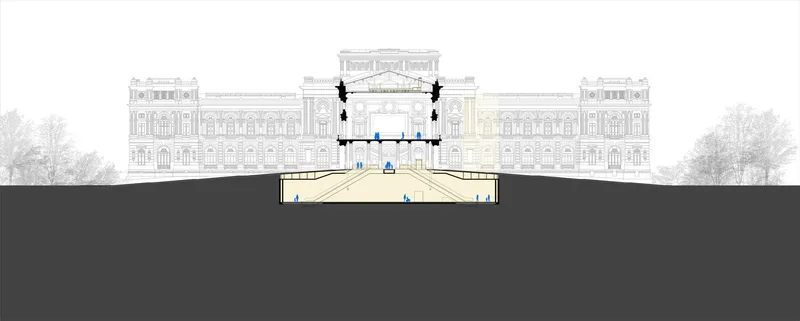 Section drawing showing underground entrance gallery beneath an existing palace building with trees flanking the approach