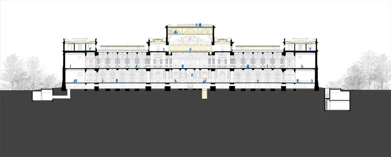 Longitudinal section drawing revealing subterranean spaces below the historic building with flanking service volumes