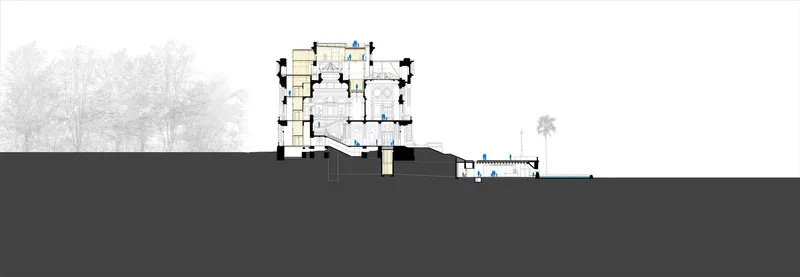 Section drawing through the central entrance pavilion showing descent into underground exhibition spaces