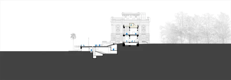 Section drawing depicting the entrance pavilion and ramped descent connecting to subterranean levels