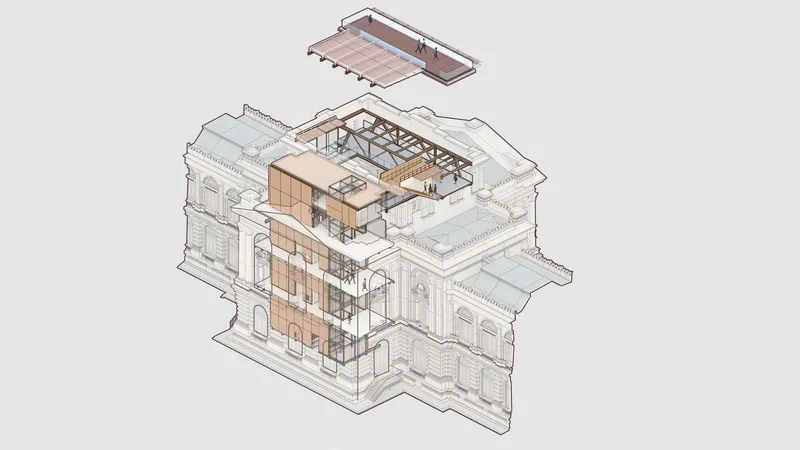 Exploded axonometric drawing revealing new timber volumes inserted within an existing masonry building shell