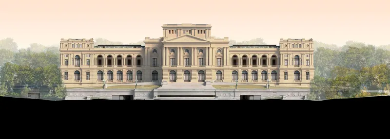 Section drawing showing underground spaces beneath a symmetrical facade with arcaded wings and trees beyond