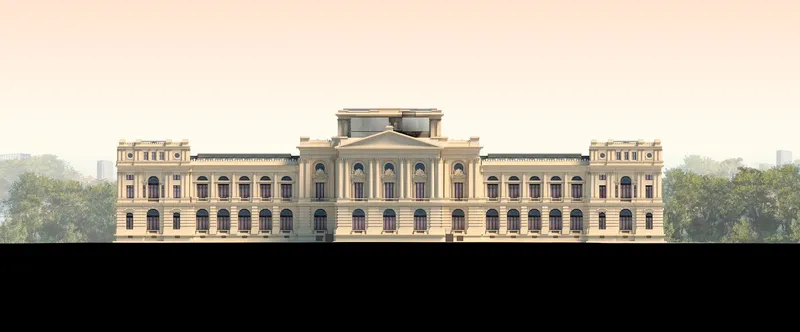 Elevation drawing of a neoclassical facade with central pavilion flanked by wings and mature trees