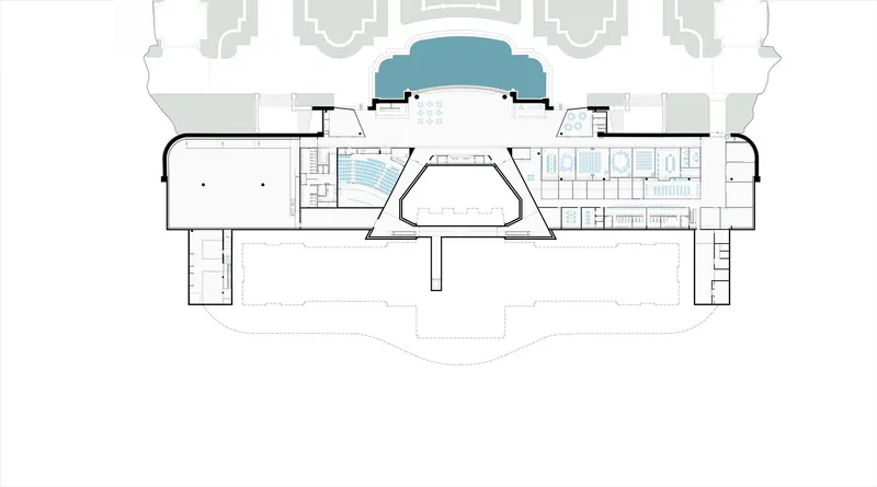 Plan drawing of an underground level with vaulted central space beneath the main floor above