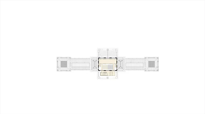 Floor plan drawing highlighting the central domed rotunda within a symmetrical cross-axial layout