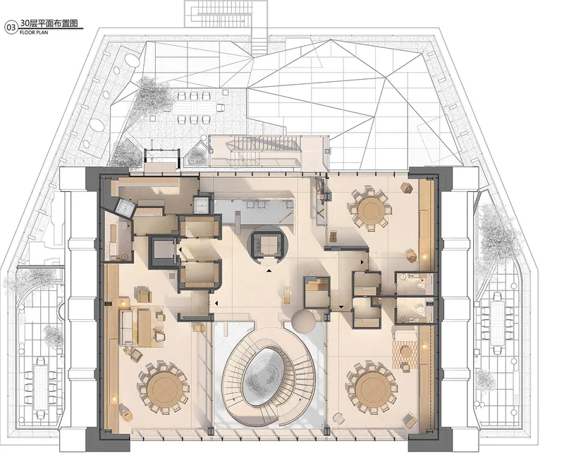 Floor plan drawing showing a central spiral staircase surrounded by furnished dining and lounge areas