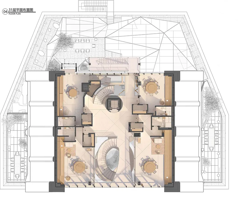 Floor plan drawing depicting interconnected curved staircases and multiple seating zones with outdoor terrace