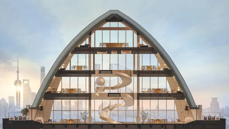 Section drawing revealing the arched glazed facade with spiral staircase and skyline beyond at dusk