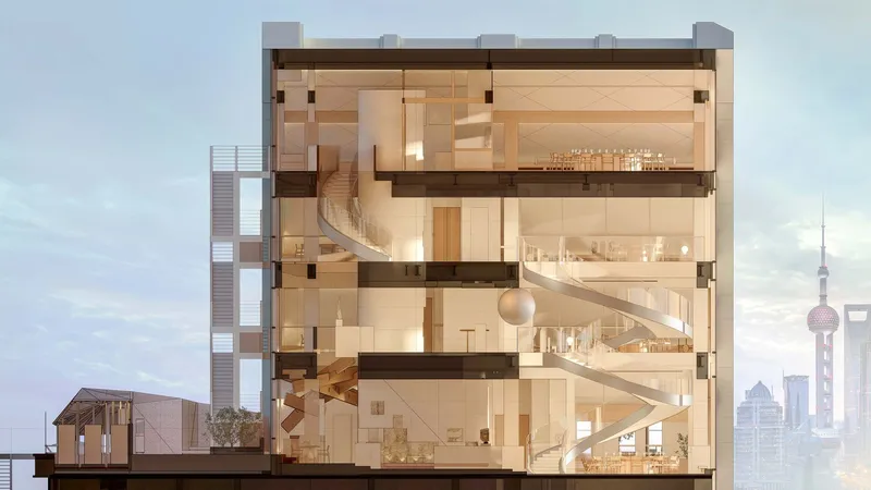 Section drawing showing the illuminated interior with ribbon staircase connecting multiple floors at twilight
