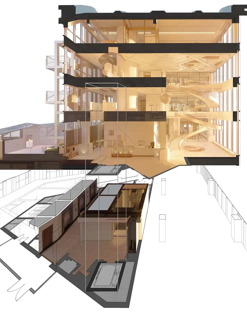 Axonometric cutaway showing a multi-storey interior with spiral staircases and timber screen walls