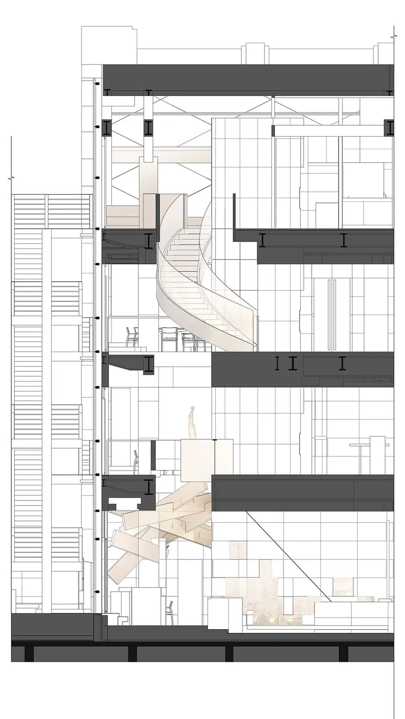 Section drawing revealing curved staircases threading through four floors with black structural beams