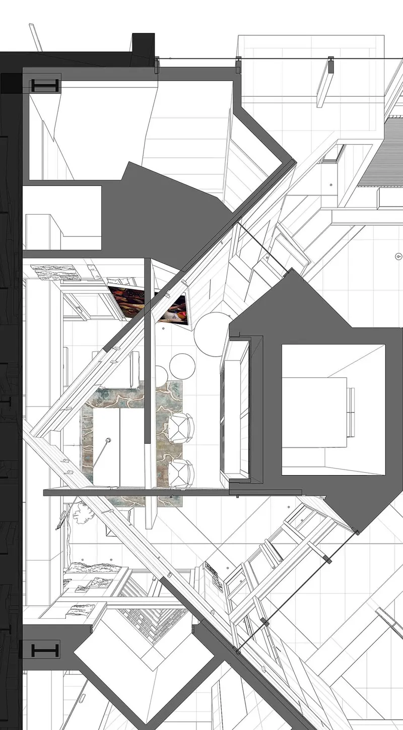 Floor plan view showing angular rooms arranged around a diagonal glazed corridor with planted areas