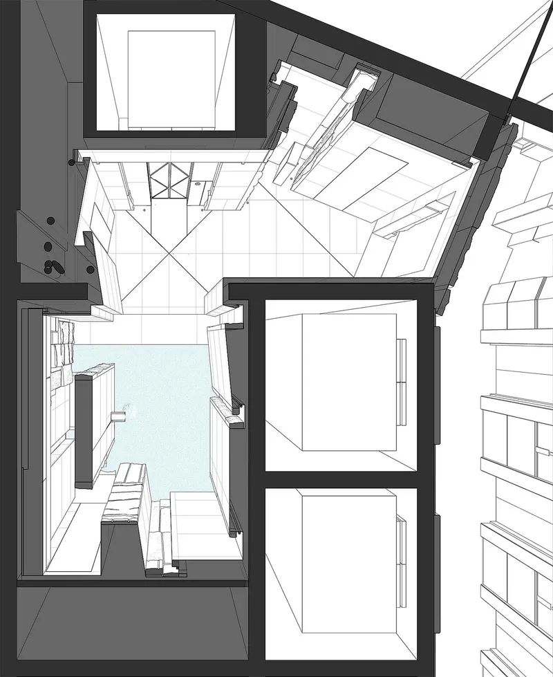 Plan drawing of a compact apartment with two bedrooms and a kitchen with light blue floor