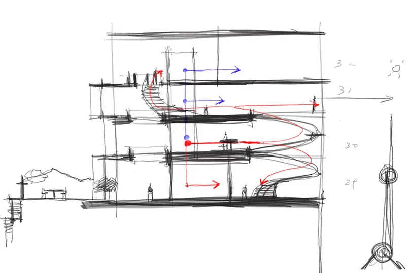 Sketch section with red and blue arrows illustrating circulation paths through spiraling floor plates