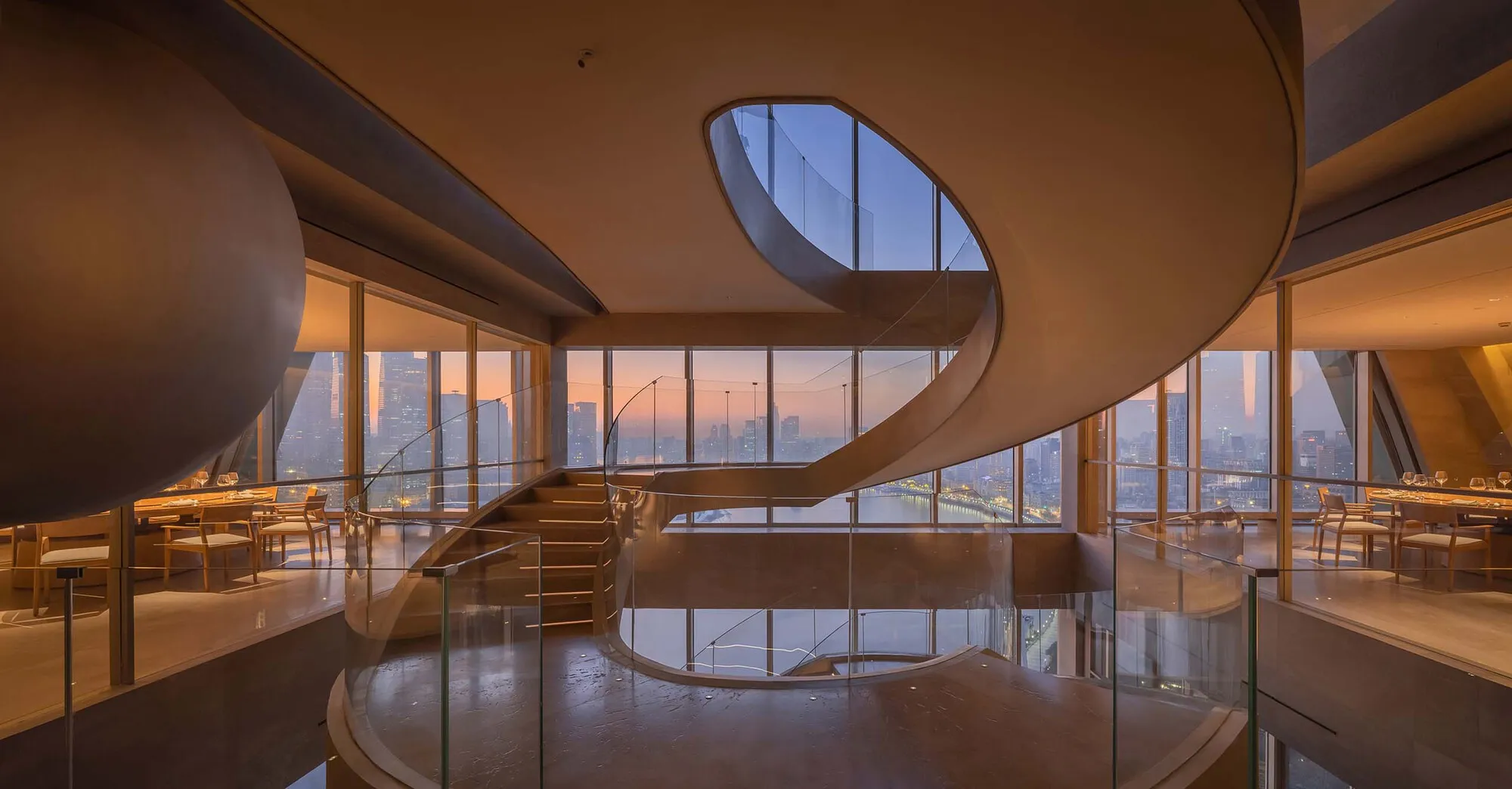 V2GETHER Design Threads a Spiraling Restaurant Through a 1990s Shanghai Tower