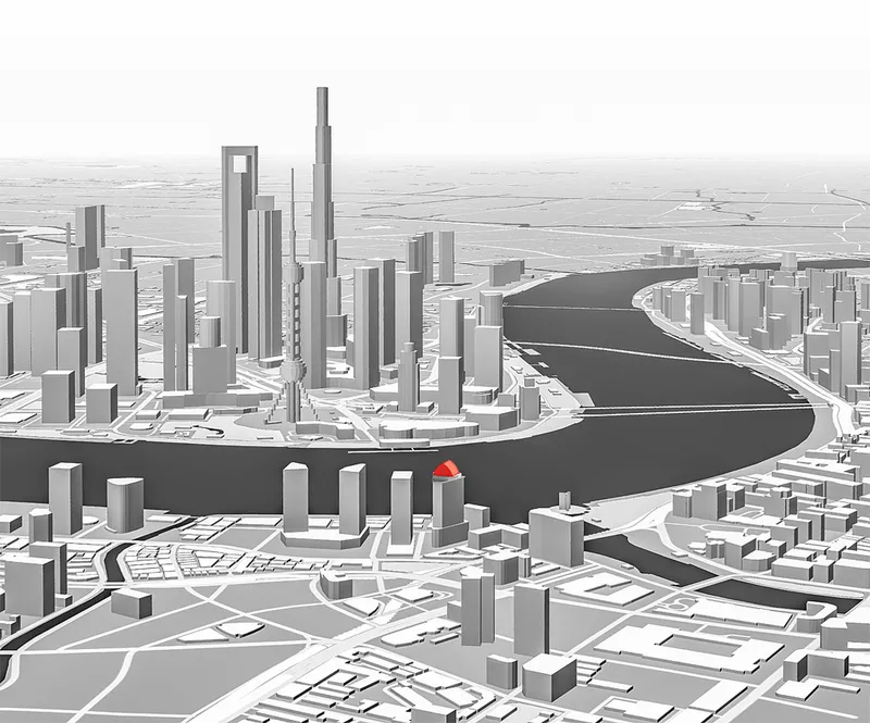 Aerial view of a massing model showing tower clusters and a curving waterway with one red volume highlighted