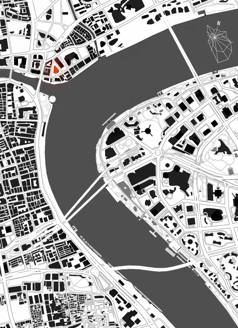 Site plan drawing showing a curved river dividing dense urban blocks with one parcel marked in red