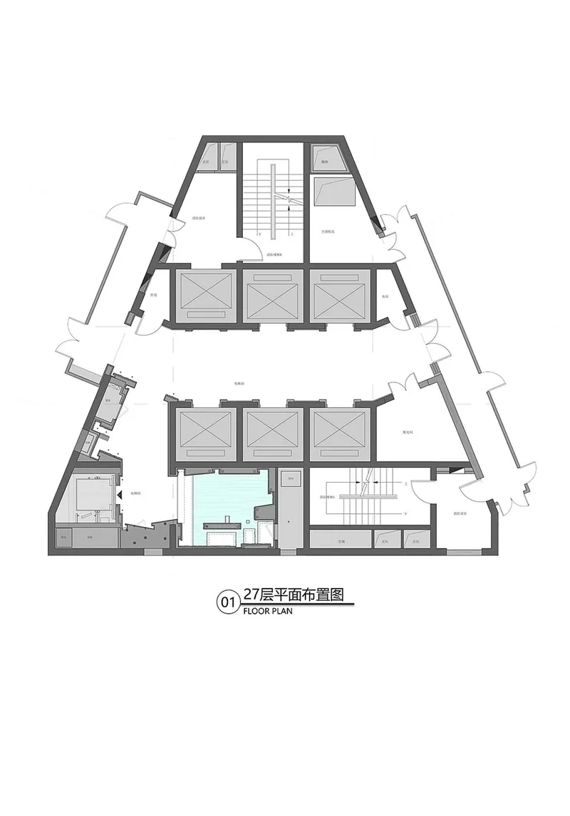 Floor plan drawing of a triangular level with symmetrical rooms flanking a central stair core