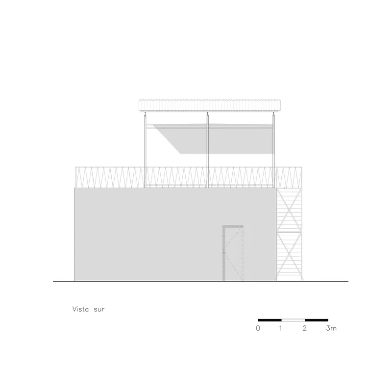 South elevation drawing showing a two-story volume with an upper glass pavilion and external staircase