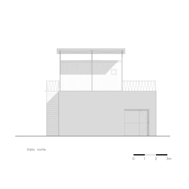 North elevation drawing depicting vertical corrugated cladding on upper level and external stair at left