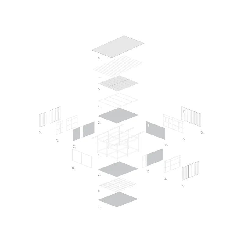 Exploded axonometric drawing illustrating the layered assembly of floor slabs, walls, and roof components