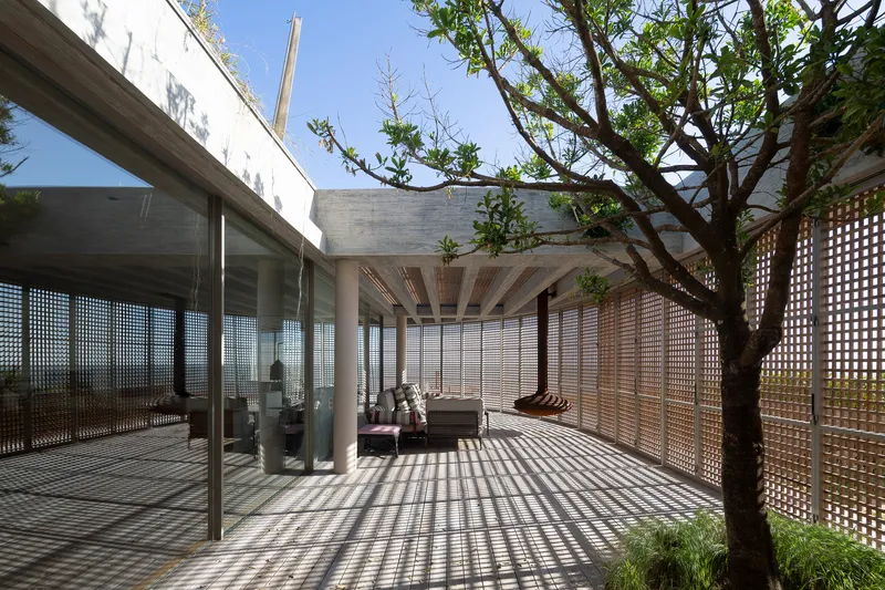 Covered terrace with timber lattice screens casting shadow patterns on the deck beside a planted tree
