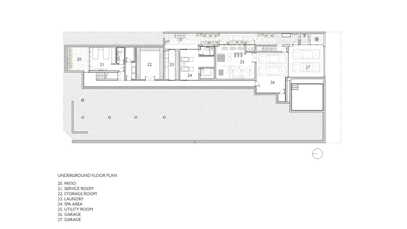 Underground floor plan drawing showing service rooms and garage beneath a large patio area